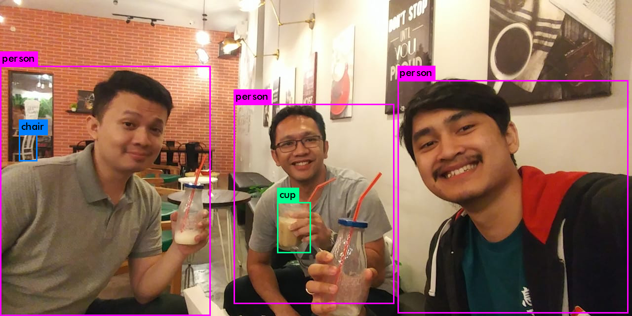 We have been doing R&D using AI to recognise objects in images. Here is a fun example of using Yolo on a picture of some of our team,  Dimas, Boney, Rohmat, hanging out at a juice bar in in Surabaya, East Java Island, Indonesia.